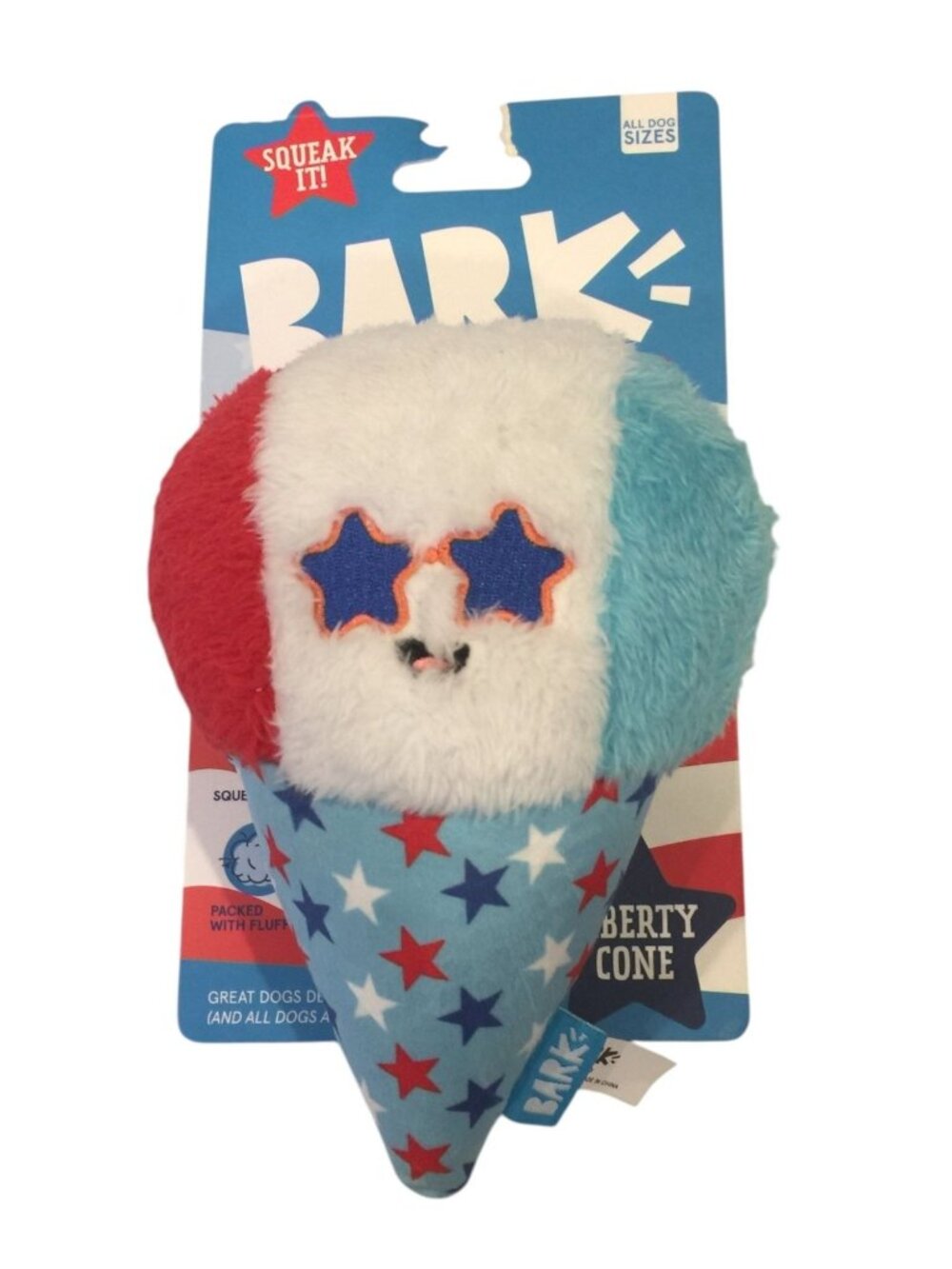 BARK Yankee Doodle Dog Liberty Cone Plush Patriotic Ice Cone Squeak Dog Toy